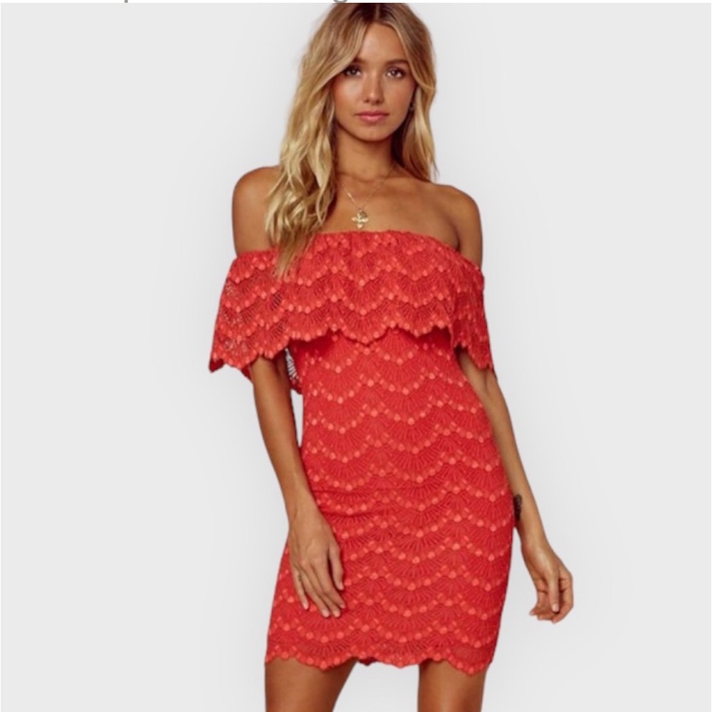 Nightcap Bachelorette Mini Dress Guava Red S Lace Bodycon off the shoulder $345